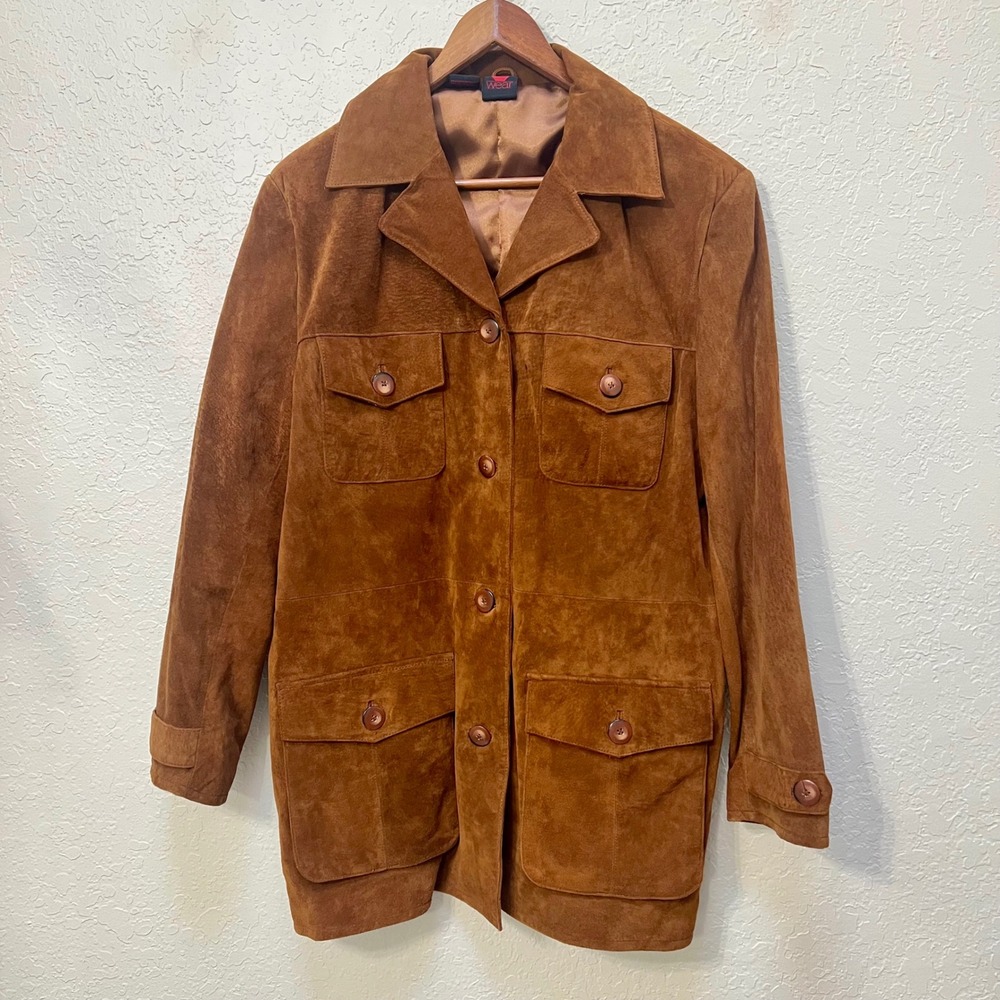 Virginia Slims VTG 70s Brown Pig Suede Leather Safari Jacket Womens Large Retro